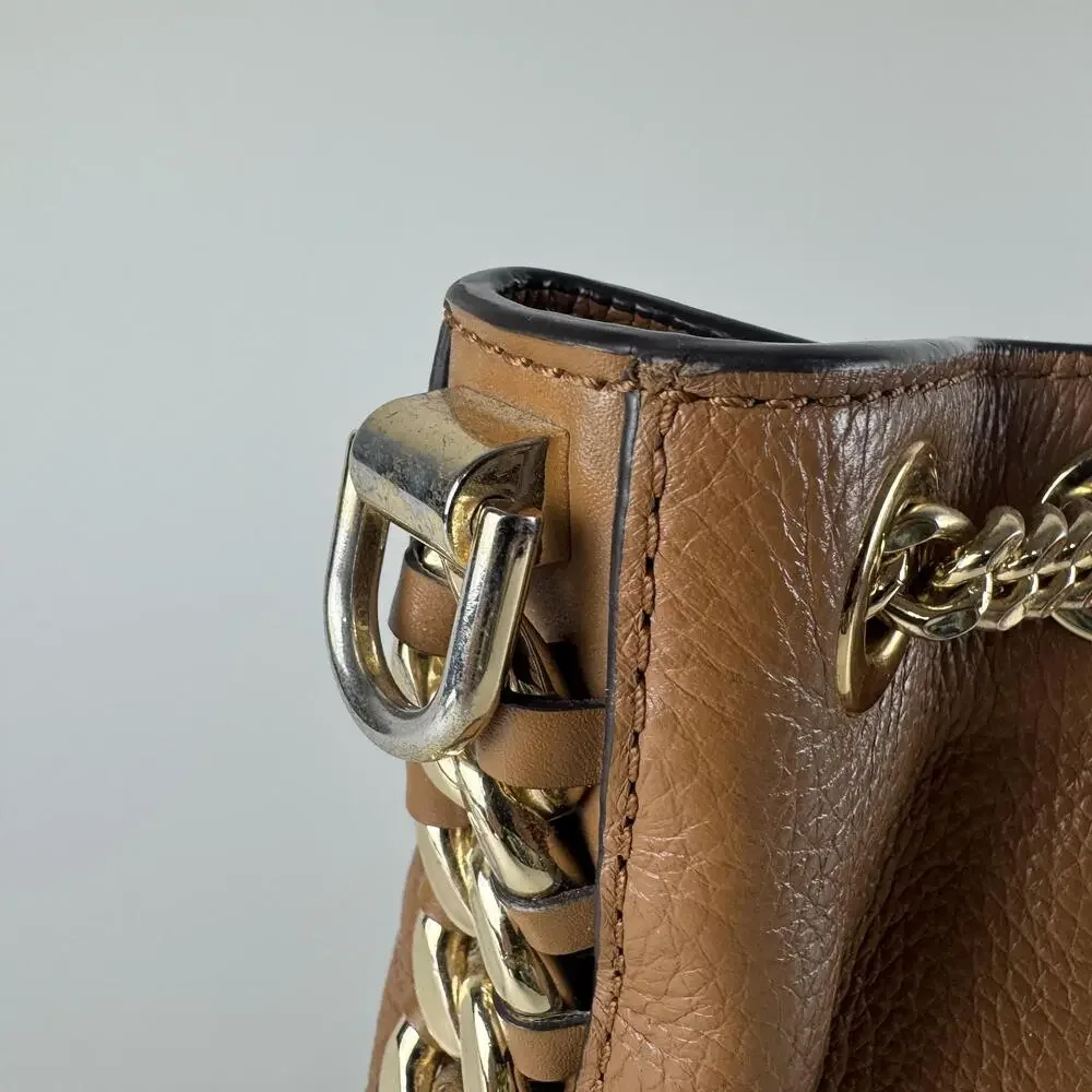 Michael Kors Alamis Bucket Bag Womens Medium Brown Leather Chain Strap Purse